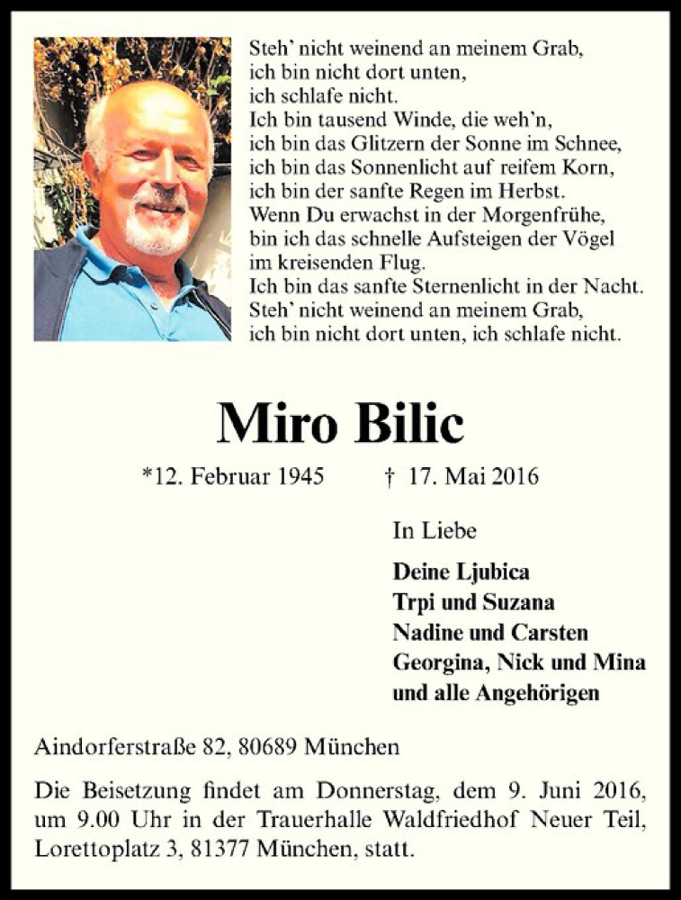  Traueranzeige für Miro Bilic vom 28.05.2016 aus Westfälische Nachrichten