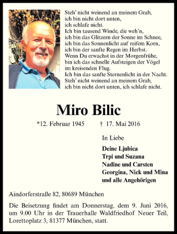 Anzeige von Miro Bilic von Westfälische Nachrichten