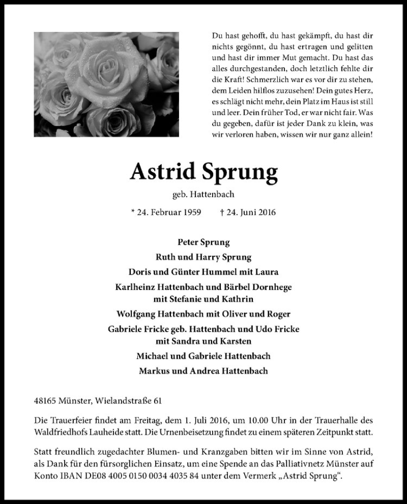  Traueranzeige für Astrid Sprung vom 29.06.2016 aus Westfälische Nachrichten