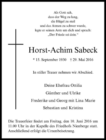 Anzeige von Horst-Achim Sabeck von Westfälische Nachrichten