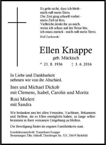 Anzeige von Ellen Knappe von Westfälische Nachrichten