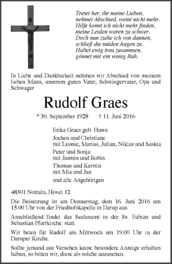 Anzeige von Rudolf Graes von Westfälische Nachrichten