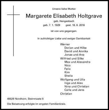 Anzeige von Margarete Elisabeth Holtgrave von Westfälische Nachrichten