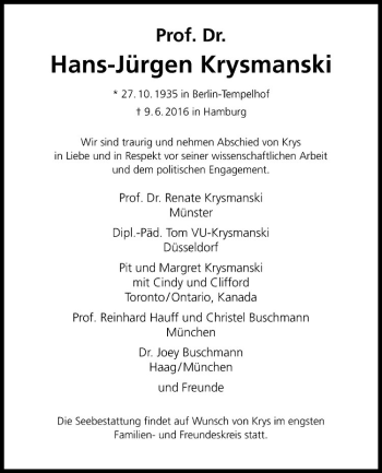 Anzeige von Hans-Jürgen Krysmanski von Westfälische Nachrichten