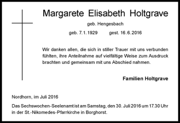 Anzeige von Margarete Elisabeth Holtgrave von Westfälische Nachrichten