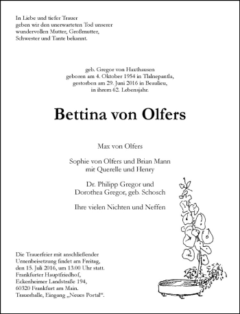 Anzeige von Bettina von Olfers von Westfälische Nachrichten