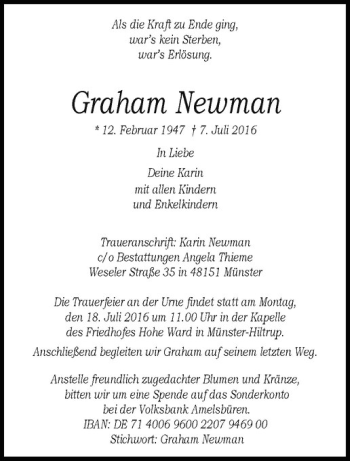 Anzeige von Graham Newman von Westfälische Nachrichten