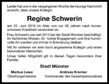 Anzeige von Regine Schwerin von Westfälische Nachrichten