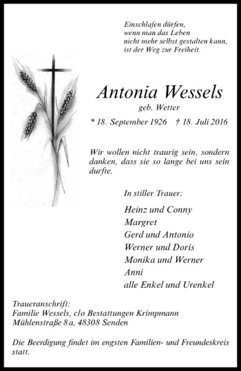 Anzeige von Antonia Wessels von Westfälische Nachrichten