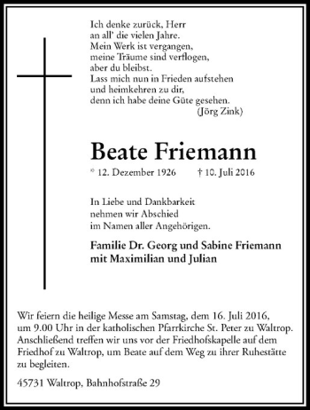 Anzeige von Beate Friemann von Westfälische Nachrichten