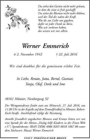 Anzeige von Werner Emmerich von Westfälische Nachrichten