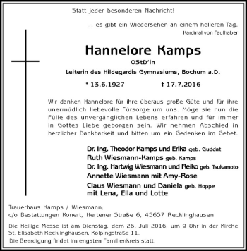 Anzeige von Hannelore Kamps von Westfälische Nachrichten