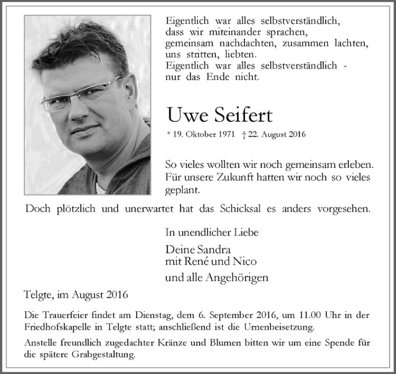  Traueranzeige für Uwe Seifert vom 31.08.2016 aus Westfälische Nachrichten