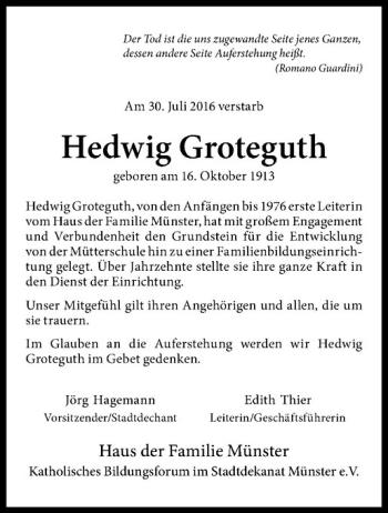 Traueranzeigen Von Hedwig Groteguth Www Trauer Ms