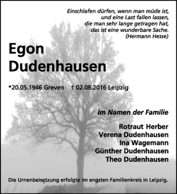 Anzeige von Egon Dudenhausen von Westfälische Nachrichten