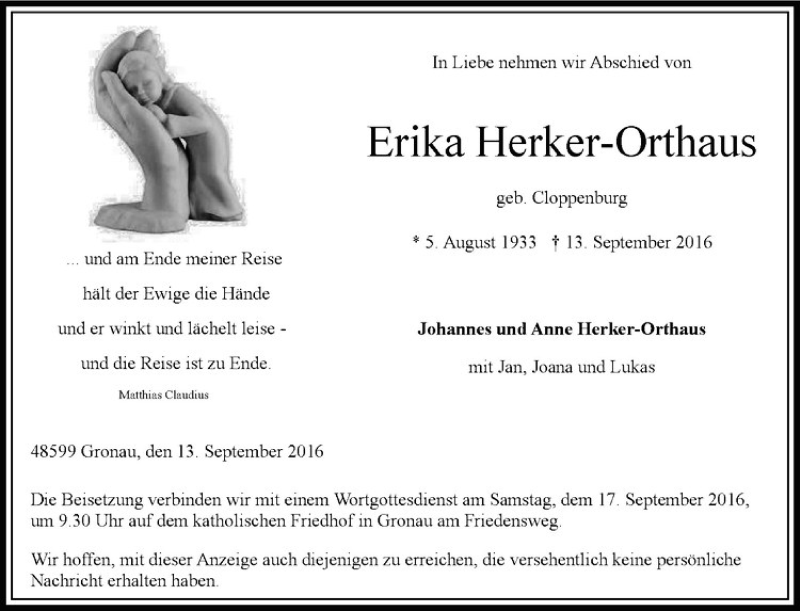  Traueranzeige für Erika Herker-Orthaus vom 15.09.2016 aus Westfälische Nachrichten