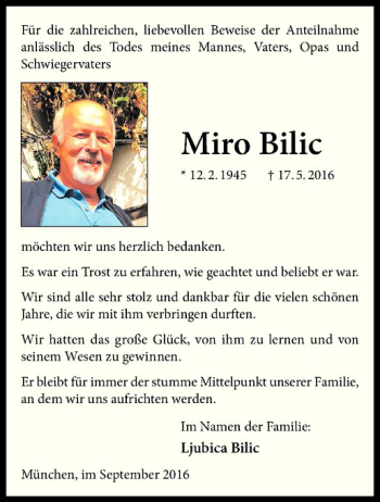 Anzeige von Miro Bilic von Westfälische Nachrichten