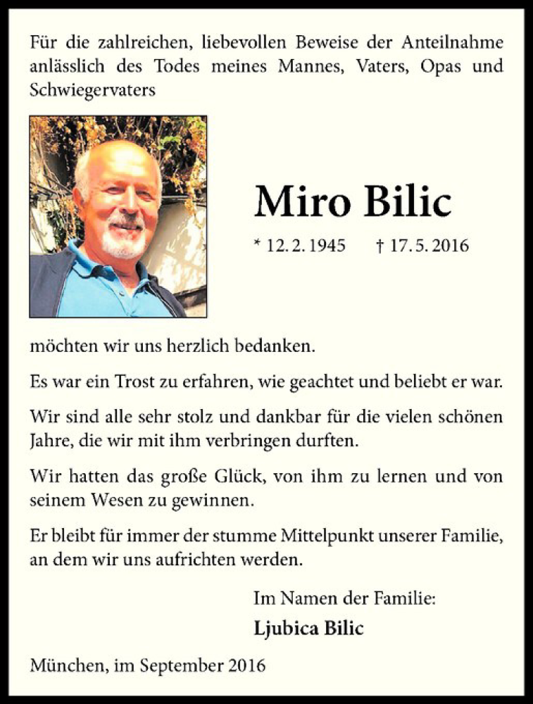  Traueranzeige für Miro Bilic vom 03.09.2016 aus Westfälische Nachrichten