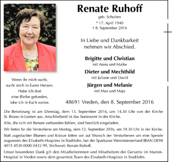 Anzeige von Renate Ruhoff von Westfälische Nachrichten