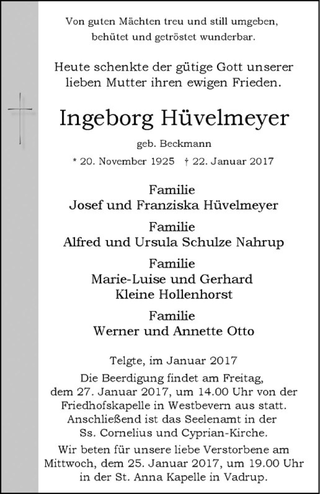  Traueranzeige für Ingeborg Hüvelmeyer vom 25.01.2017 aus Westfälische Nachrichten