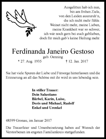 Anzeige von Ferdinanda Janeiro Gestoso von Westfälische Nachrichten