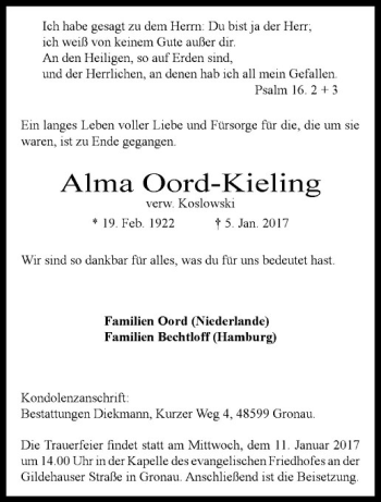 Anzeige von Alma Oord-Kieling von Westfälische Nachrichten