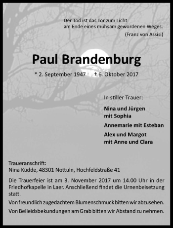 Anzeige von Paul Brandenburg von Westfälische Nachrichten