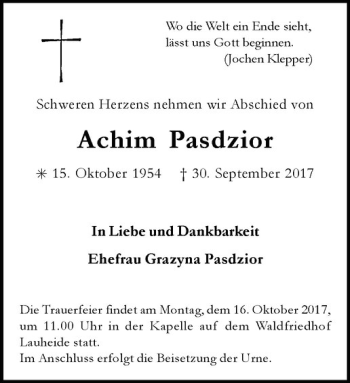 Anzeige von Achim Pasdzior von Westfälische Nachrichten