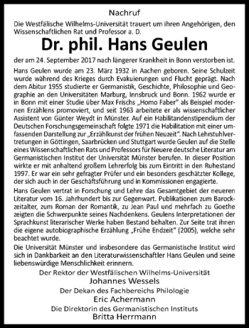 Anzeige von Hans Geulen von Westfälische Nachrichten