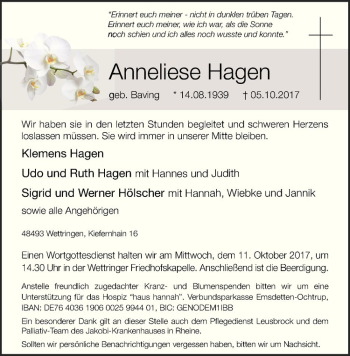 Anzeige von Anneliese Hagen von Westfälische Nachrichten