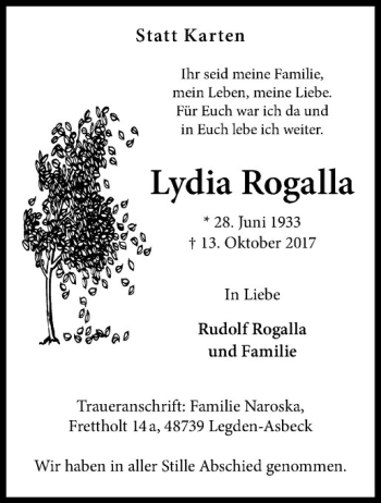 Anzeige von Lydia Rogalla von Westfälische Nachrichten