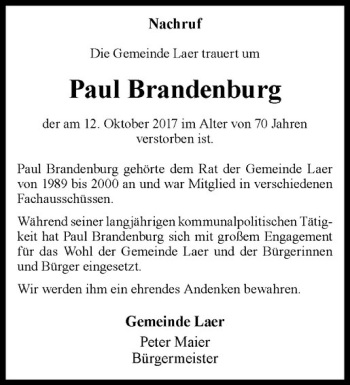 Anzeige von Paul Brandenburg von Westfälische Nachrichten