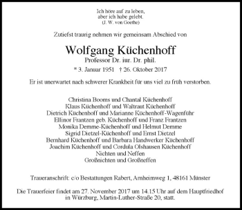 Anzeige von Wolfgang Küchenhoff von Westfälische Nachrichten