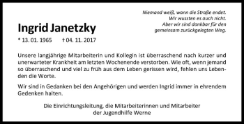 Anzeige von Ingrid Janetzky von Westfälische Nachrichten