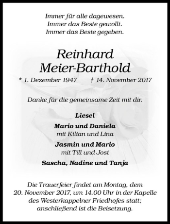 Anzeige von Reinhard Meier-Barthold von Westfälische Nachrichten