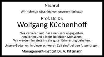 Anzeige von Wolfgang Küchenhoff von Westfälische Nachrichten