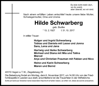 Anzeige von Hilde Schwarberg von Westfälische Nachrichten