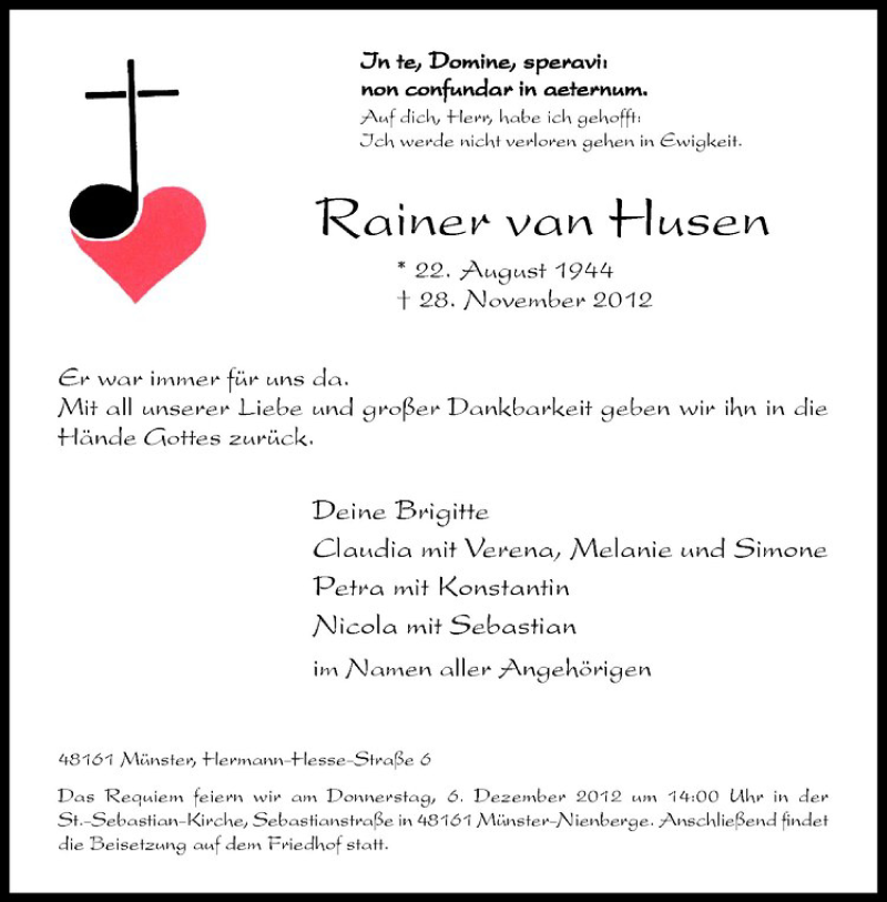  Traueranzeige für Rainer van Husen vom 01.12.2012 aus Westfälische Nachrichten