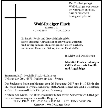 Anzeige von Wolf-Rüdiger Fluck von Westfälische Nachrichten