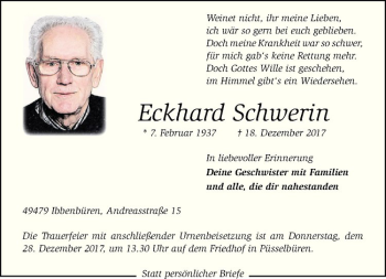 Anzeige von Eckhard Schwerin von Westfälische Nachrichten