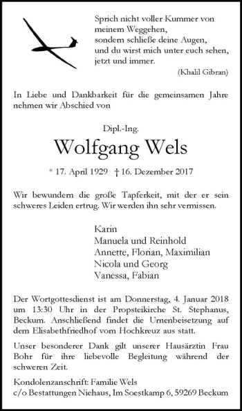 Anzeige von Wolfgang Wels von Westfälische Nachrichten