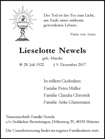 Anzeige von Lieselotte Newels von Westfälische Nachrichten