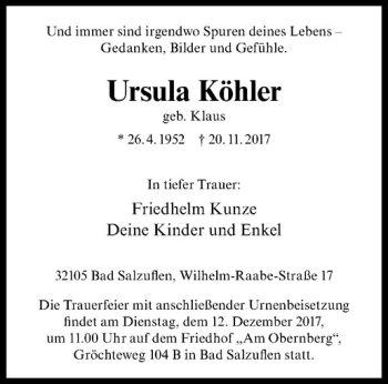 Anzeige von Ursula Köhler von Westfälische Nachrichten