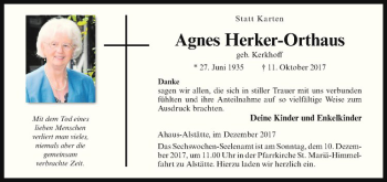 Anzeige von Agnes Herker-Oerthaus von Westfälische Nachrichten