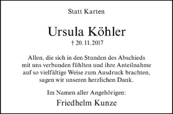 Anzeige von Ursula Köhler von Westfälische Nachrichten