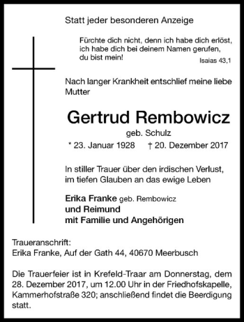 Anzeige von Gertrud Rembowicz von Westfälische Nachrichten