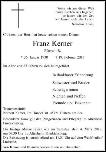 Anzeige von Franz Kerner von Westfälische Nachrichten