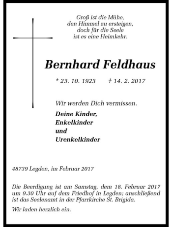 Anzeige von Bernhard Feldhaus von Westfälische Nachrichten