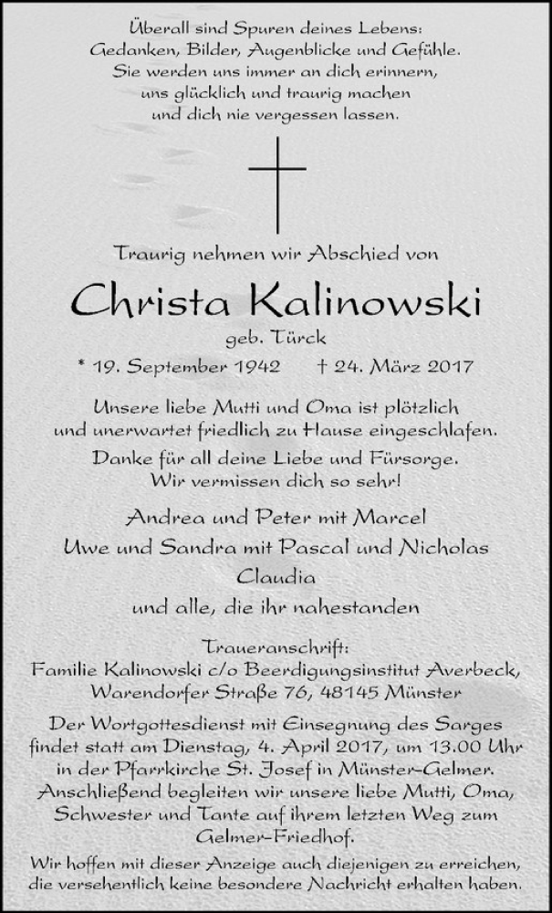  Traueranzeige für Christa Kalinowski vom 29.03.2017 aus Westfälische Nachrichten