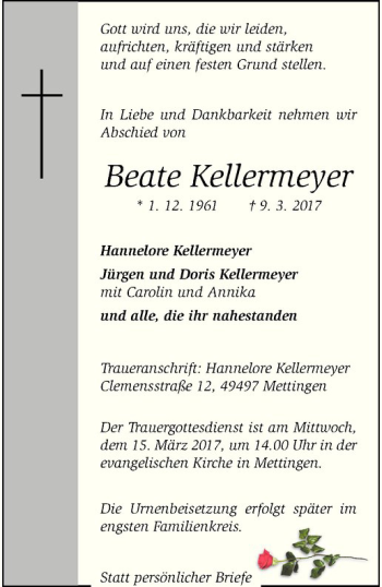 Anzeige von Beate Kellermeyer von Westfälische Nachrichten